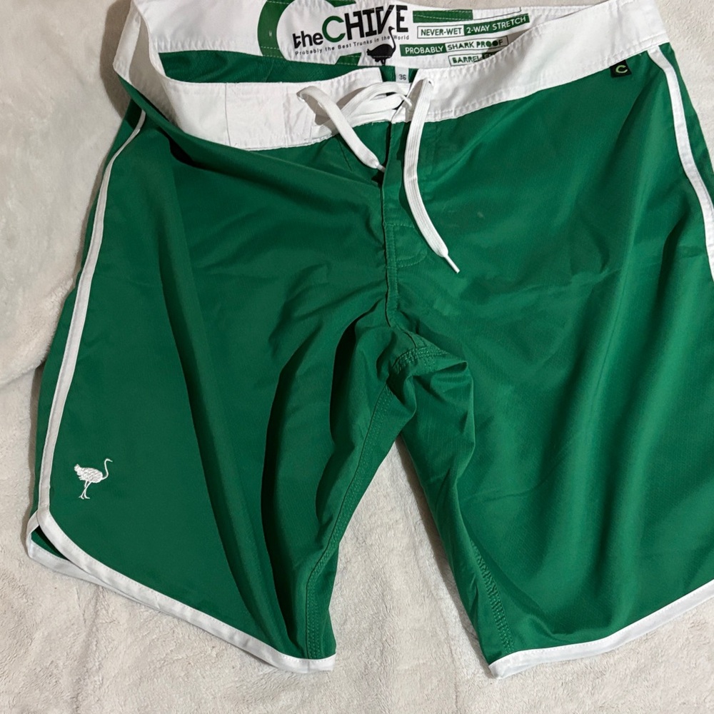 Chive Green Swim Shorts with White Trim